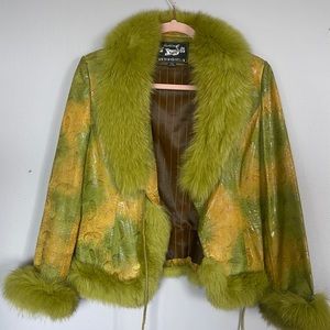 Green leather fox collar jacket